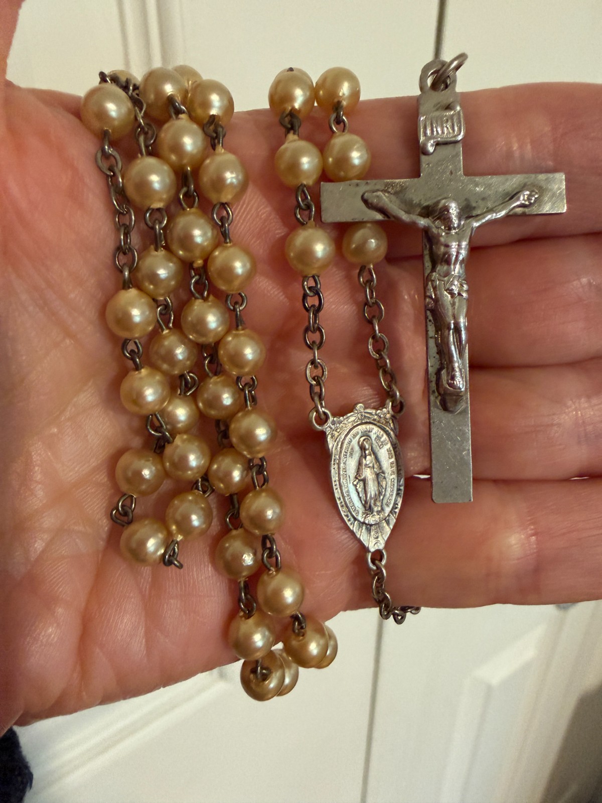 Vintage Sterling Silver Catholic Rosary Faux Pearl Beads Crucifix Medal 18.5” Vintage Sterling Silver Catholic Rosary Faux Pearl Beads Crucifix Medal 18.5”