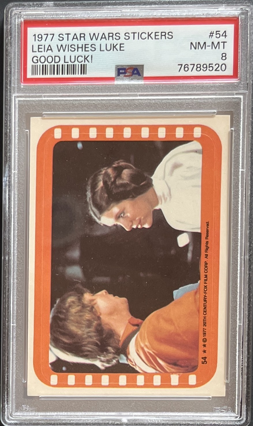 1977 TOPPS STAR WARS STICKER PSA 8 NM/MT #54 LEIA WISHES LUKE GOOD LUCK