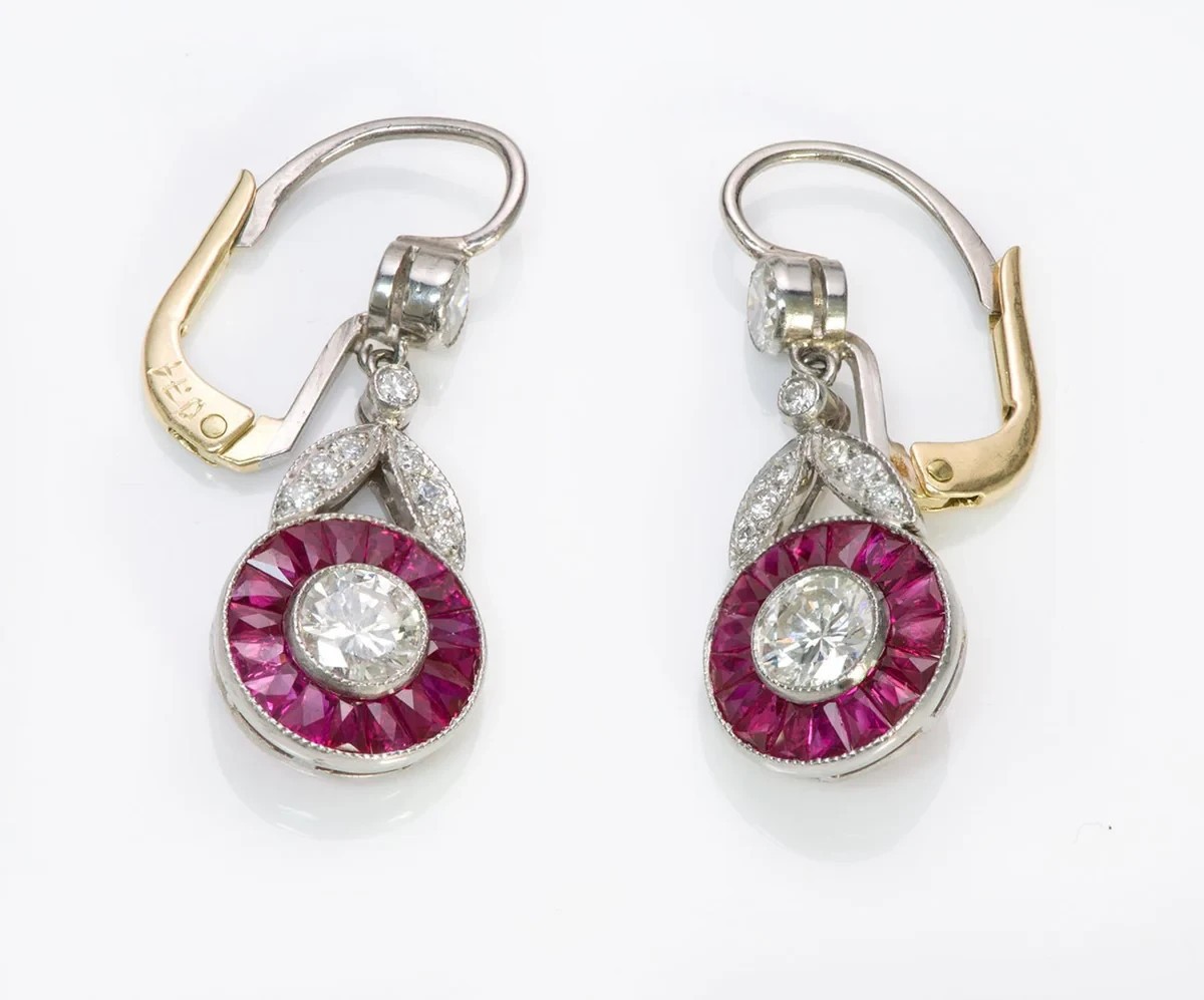 Art Deco Vintage Round Lab Created Diamond Ruby Halo 14K White Gold FN Earrings Art Deco Vintage Round Lab Created Diamond Ruby Halo 14K White Gold FN Earrings