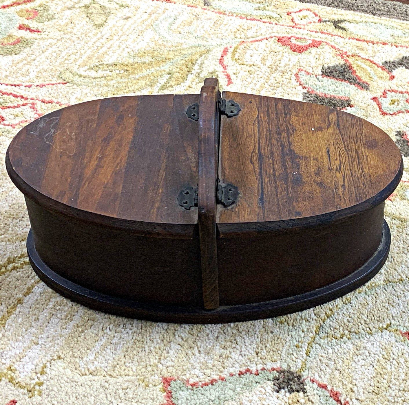 Vintage Wooden Oval sewing box w/ Hinged Lid & Handle, Rustic Brown Wood Grain Vintage Wooden Oval sewing box w/ Hinged Lid & Handle, Rustic Brown Wood Grain