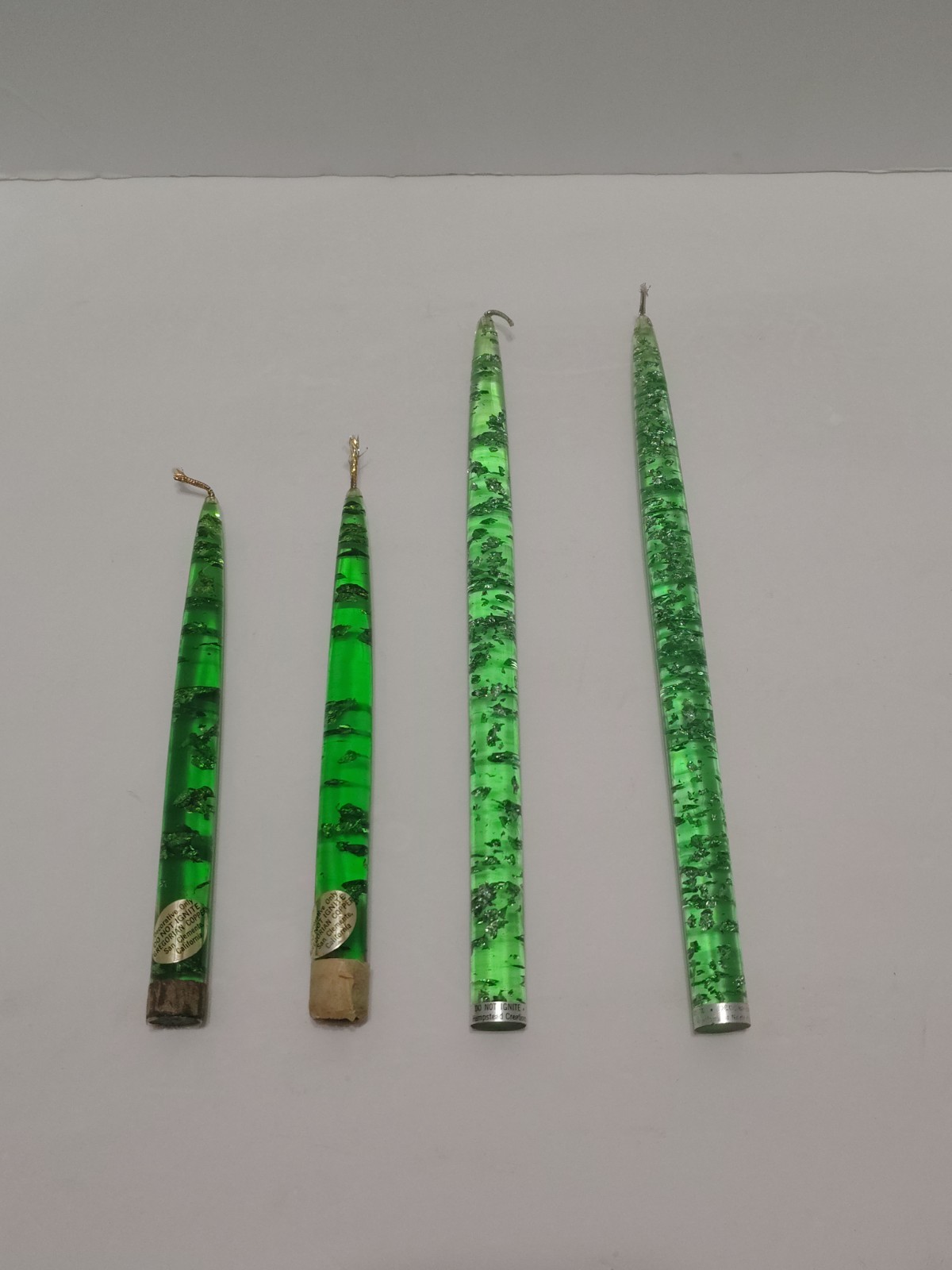 2 Sets Vintage MCM Lucite Taper Candles Green W/ Silver Metallic Flakes 8" & 12" 2 Sets Vintage MCM Lucite Taper Candles Green W/ Silver Metallic Flakes 8" & 12"