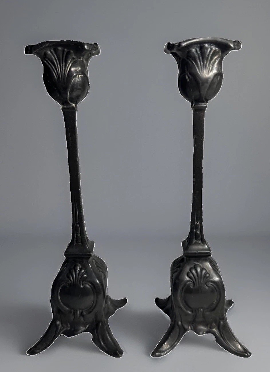 Pair of Antique Jennings Brothers Art Nouveau Candlesticks, Mold #837 Pair of Antique Jennings Brothers Art Nouveau Candlesticks, Mold #837
