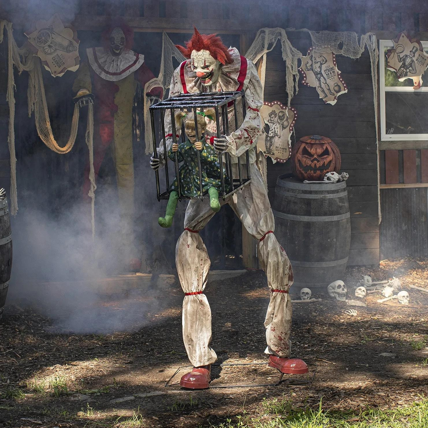 7 Ft Animated Light-Up Talking Cagey Clown with Caged Kid Halloween Prop 7 Ft Animated Light-Up Talking Cagey Clown with Caged Kid Halloween Prop