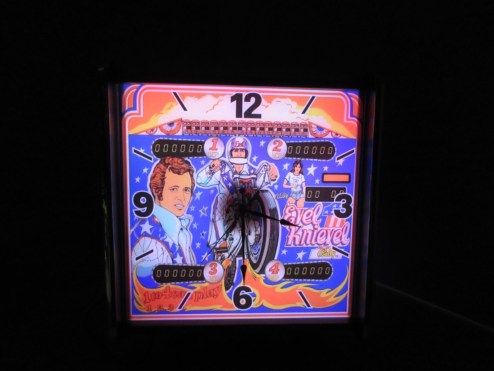 Bally Evel Knievel Pinball Backglass LED lighted Display Clock brand new Bally Evel Knievel Pinball Backglass LED lighted Display Clock brand new