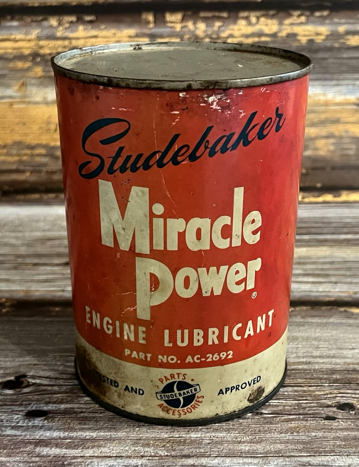 Vintage 1940s 50s Studebaker Miracle Power 1 Quart Metal Oil Can FULL UNOPENED Vintage 1940s 50s Studebaker Miracle Power 1 Quart Metal Oil Can FULL UNOPENED