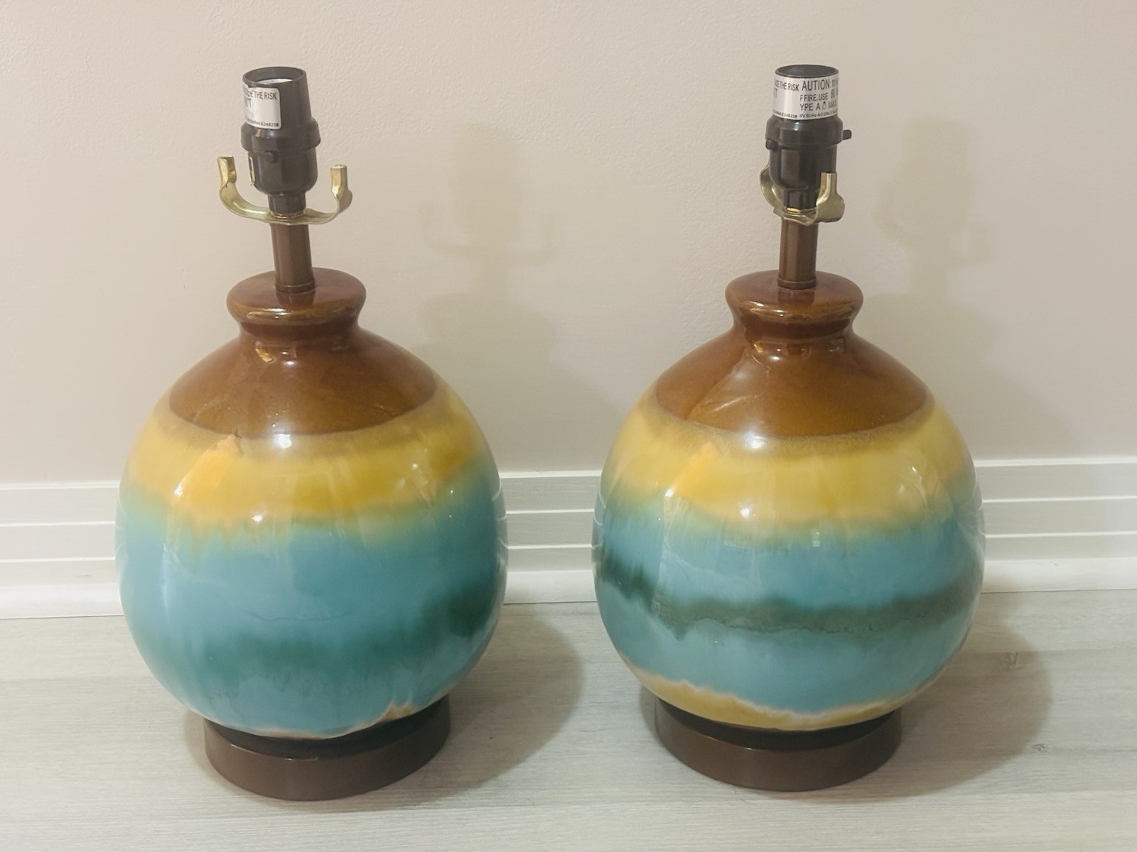 Set Mid Century Ceramic Table Lamps Drip Glaze Pair 2 Vintage 1970s? WORKING Set Mid Century Ceramic Table Lamps Drip Glaze Pair 2 Vintage 1970s? WORKING