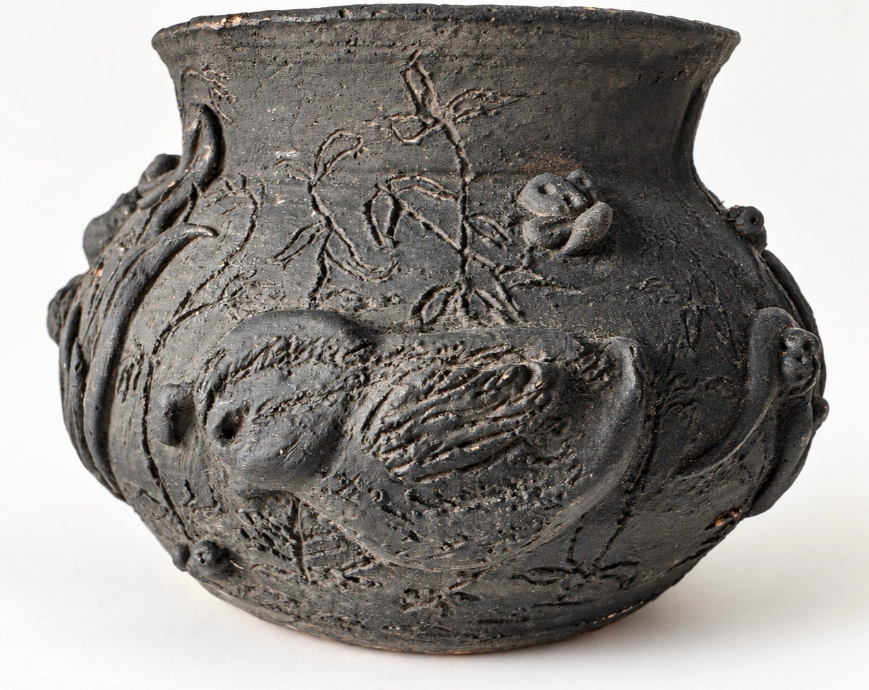 Vintage June Sears Studio Art Pottery Bird Relief Planter Bowl Black 8" Signed Vintage June Sears Studio Art Pottery Bird Relief Planter Bowl Black 8" Signed
