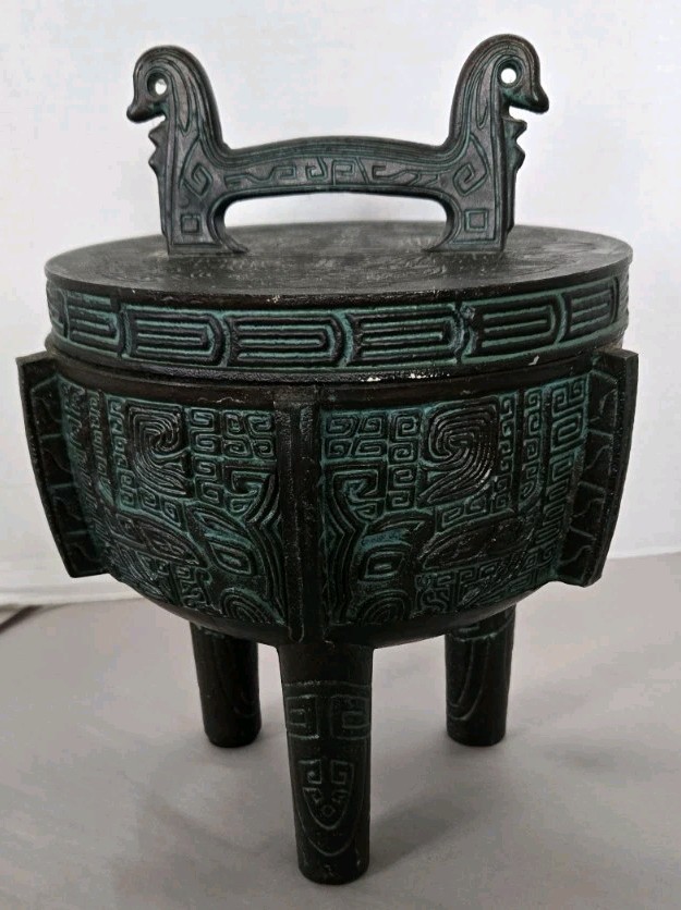 Vtg James Mount Mid-Century Ice Bucket W Dragon Handles Verdigris 10.5" Taiwan Vtg James Mount Mid-Century Ice Bucket W Dragon Handles Verdigris 10.5" Taiwan