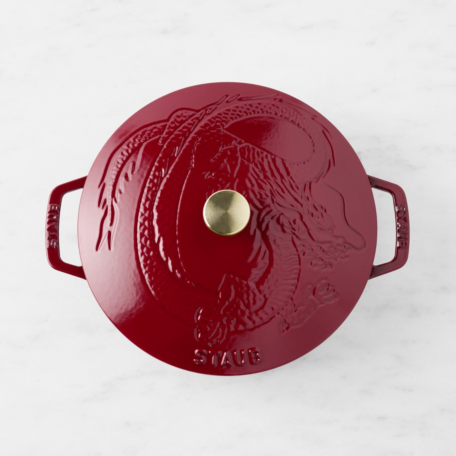 LIMITED SALE Staub Enameled Cast Iron Braiser with Dragon Lid, 2.5-Qt Cranberry