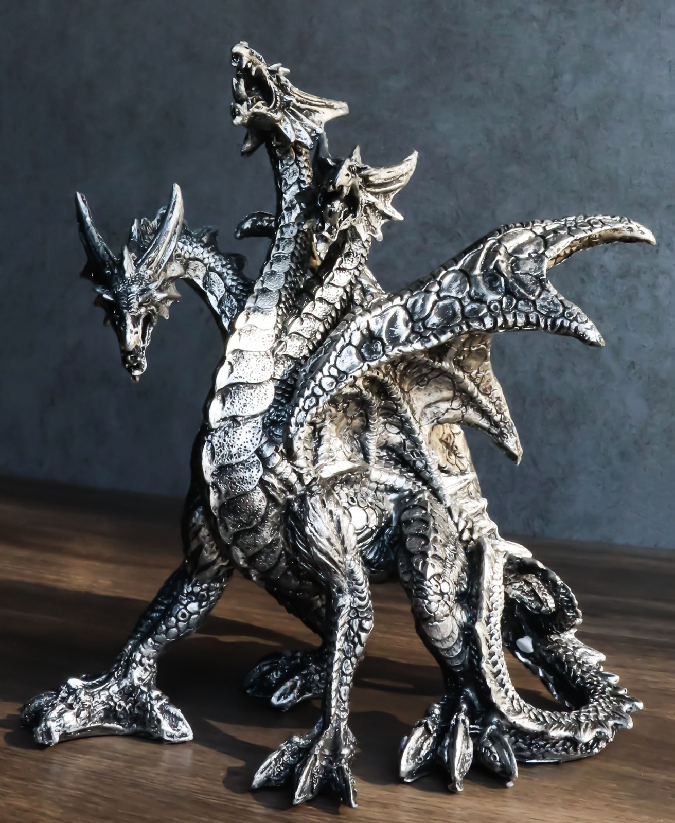 Gothic Silver Three Headed Dragon Hydra Roaring Statue 8" Tall Figurine Decor Gothic Silver Three Headed Dragon Hydra Roaring Statue 8" Tall Figurine Decor