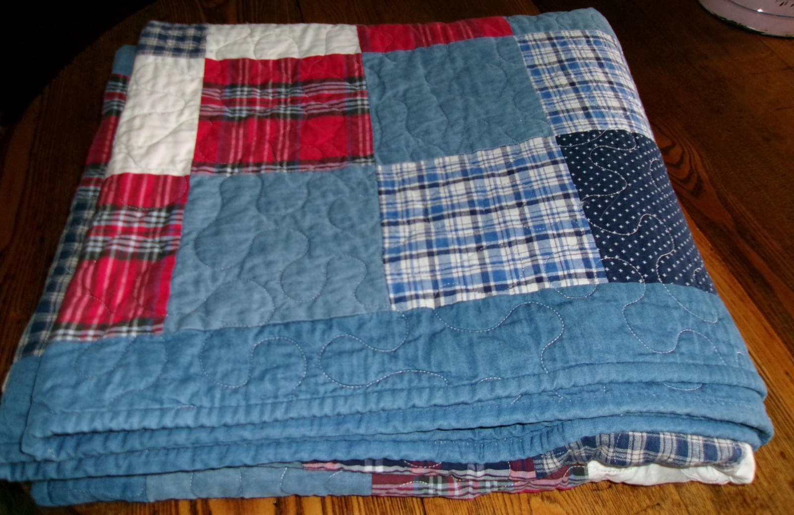 New Patchwork Plaid Reds & Blues Farmhouse Rustic 68 x 80 Handmade Quilt NICE New Patchwork Plaid Reds & Blues Farmhouse Rustic 68 x 80 Handmade Quilt NICE
