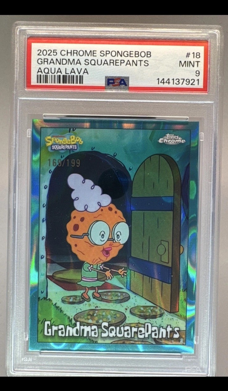 2025 Topps Chrome SpongeBob #18 Grandma SquarePants Aqua Lava /199 PSA 9 2025 Topps Chrome SpongeBob #18 Grandma SquarePants Aqua Lava /199 PSA 9