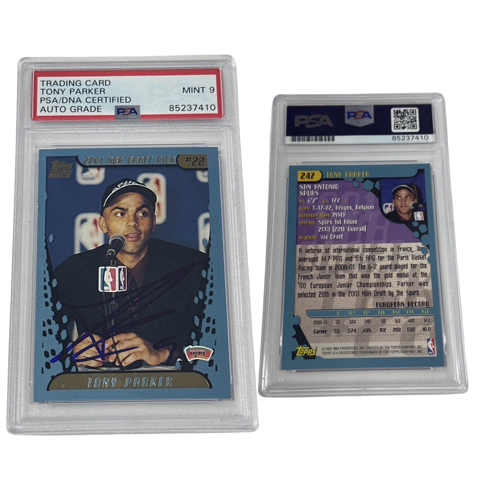 2001 Tony Parker Autographed Topps NBA DP RC #247 PSA MINT 9 Auto