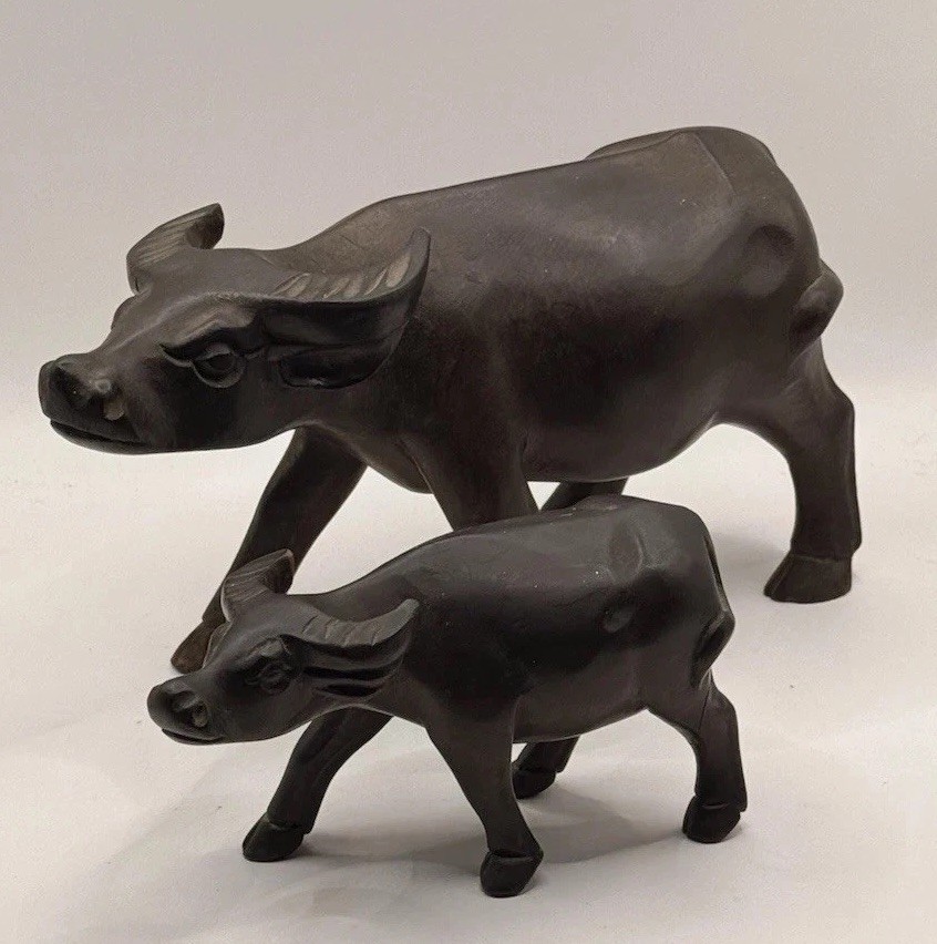 MCM Chinese Vintage 1960s Hand Carved Artisan Hardwood Water Buffalo Pair(2) MCM Chinese Vintage 1960s Hand Carved Artisan Hardwood Water Buffalo Pair(2)