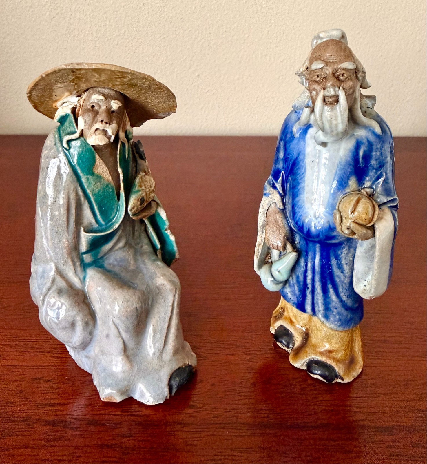 2 Vintage Mud Clay Chinese Figurines Fisherman Gourd Pottery 5"