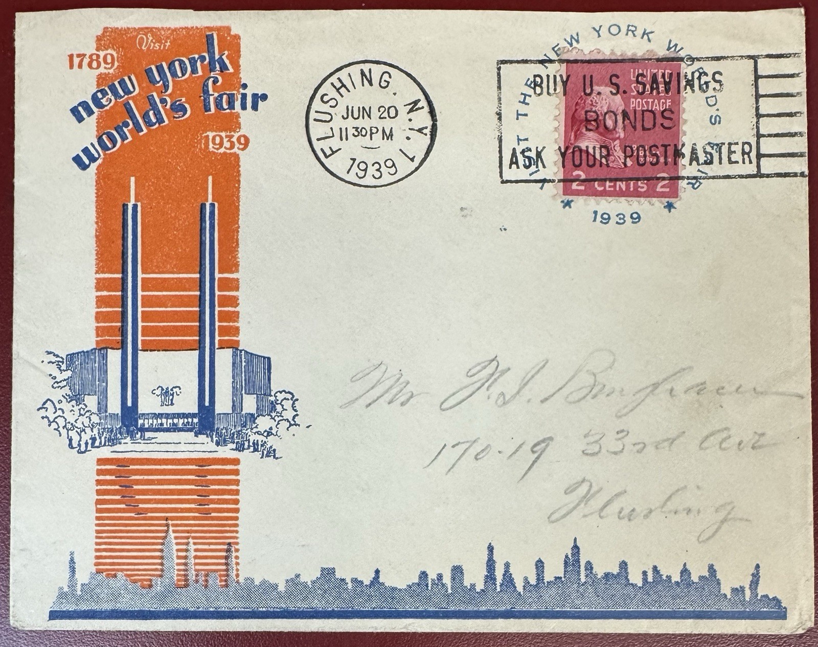 1939 New York World's Fair Cover on Orange and Blue Fair Souvenir Envelope 1939 New York World's Fair Cover on Orange and Blue Fair Souvenir Envelope