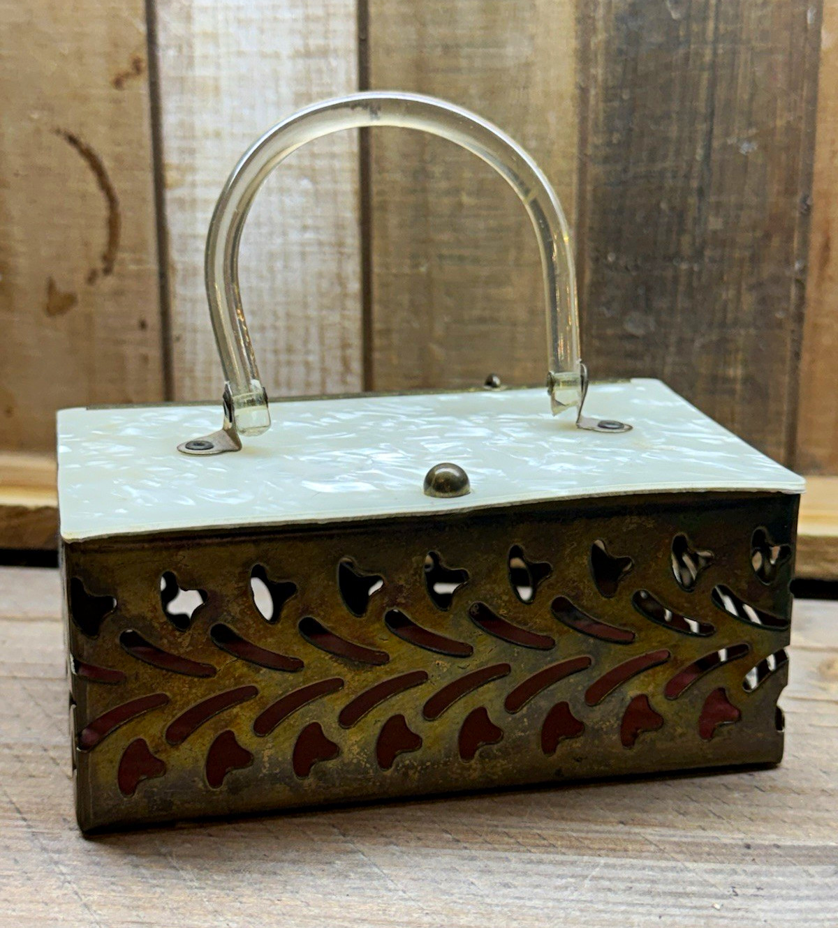 Vintage 1950s 1960s Style Box Purse Lucite Handle Pierced Metal Handbag Vintage 1950s 1960s Style Box Purse Lucite Handle Pierced Metal Handbag