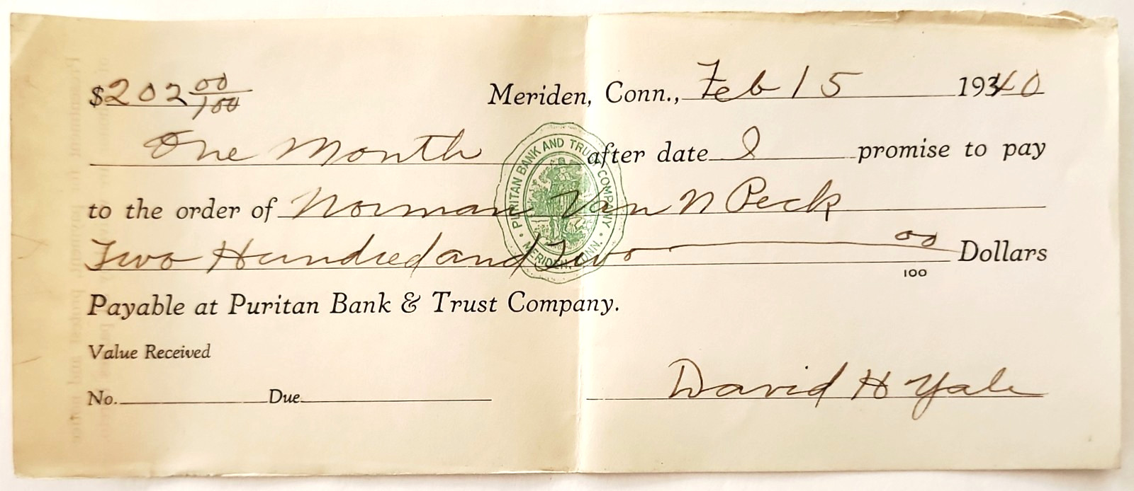 1940 Meriden Connecticut Promissory Note Puritan Bank Trust Company David Yale