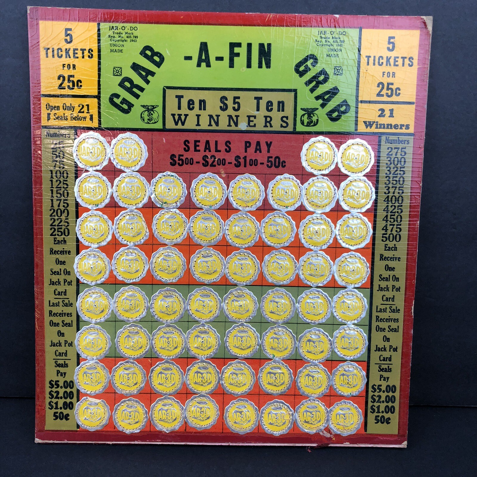 1943 Gambling Board Grab A Fin Grab Jar O Do RARE Unused 1943 Gambling Board Grab A Fin Grab Jar O Do RARE Unused