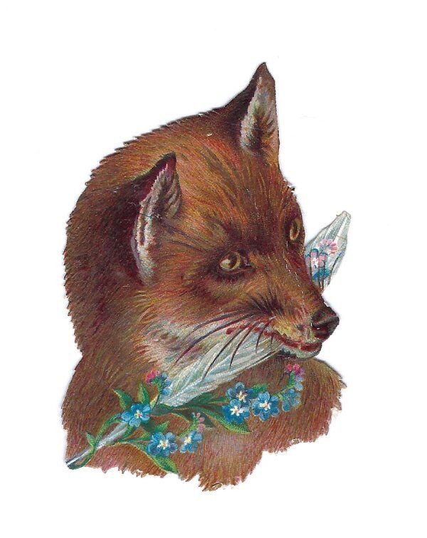 1888 Chromo decoupis, GLOSSY VICTORIAN FOX FLOWERS, Antique Die-Cut Scrap, 2.5" 1888 Chromo decoupis, GLOSSY VICTORIAN FOX FLOWERS, Antique Die-Cut Scrap, 2.5"