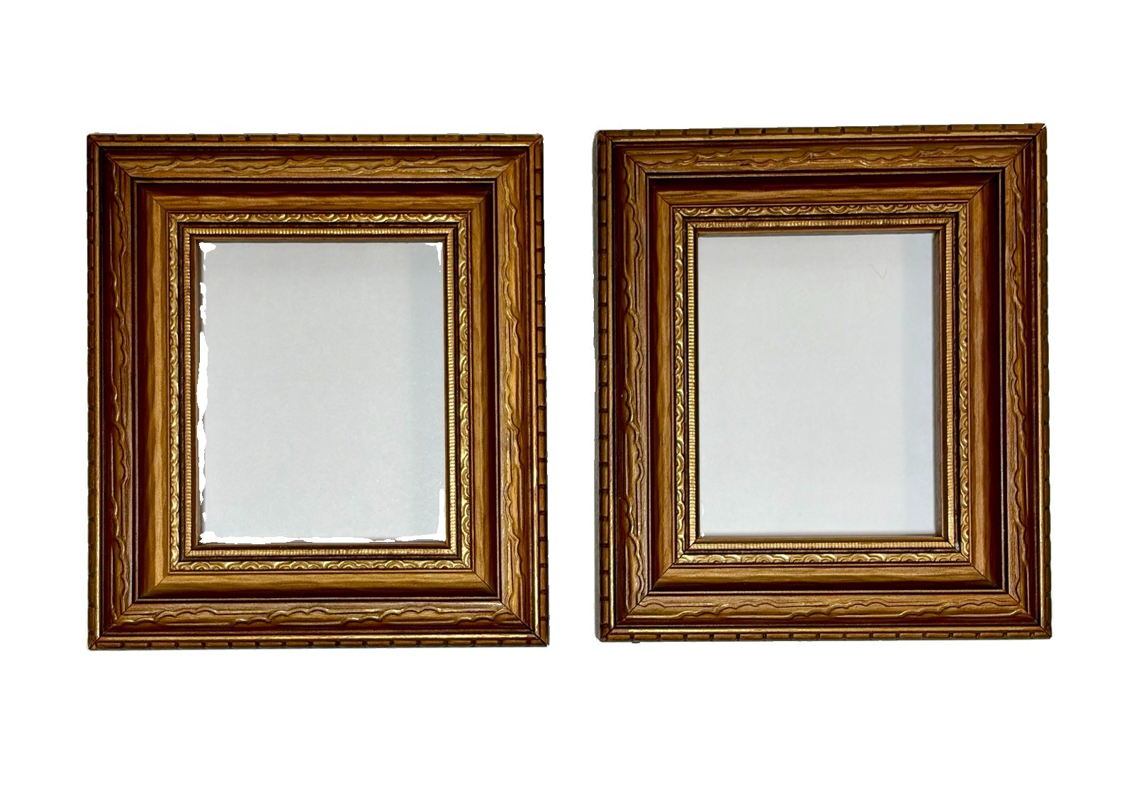 Set/2 Miniature Small Deep Box Mid Century Gold Wood Picture Frames VTG 2.5x3”