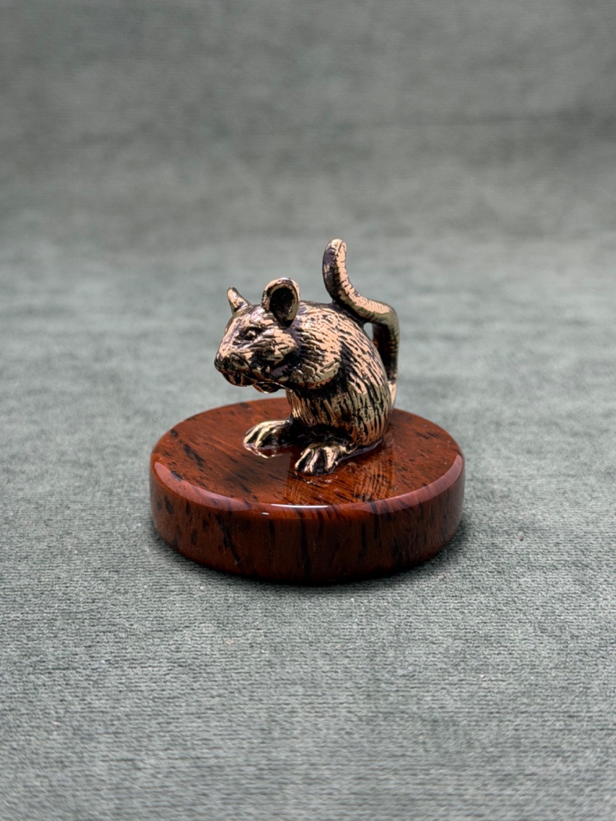 Art Deco Mouse Figurine Cast Bronze Statuette Pedestal In Obsidian Stone