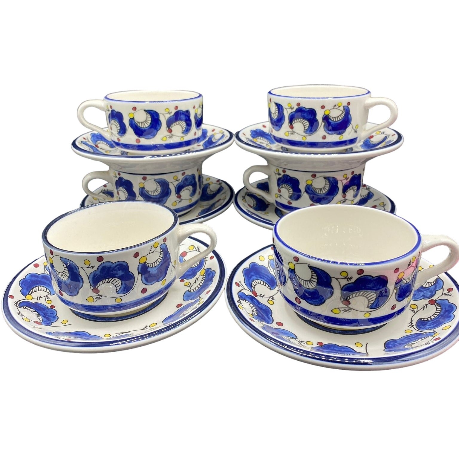 Set of 6 Vtg Buffalo China Large Cup & Saucer Restaurant Ware Blue Plumes Dots Set of 6 Vtg Buffalo China Large Cup & Saucer Restaurant Ware Blue Plumes Dots