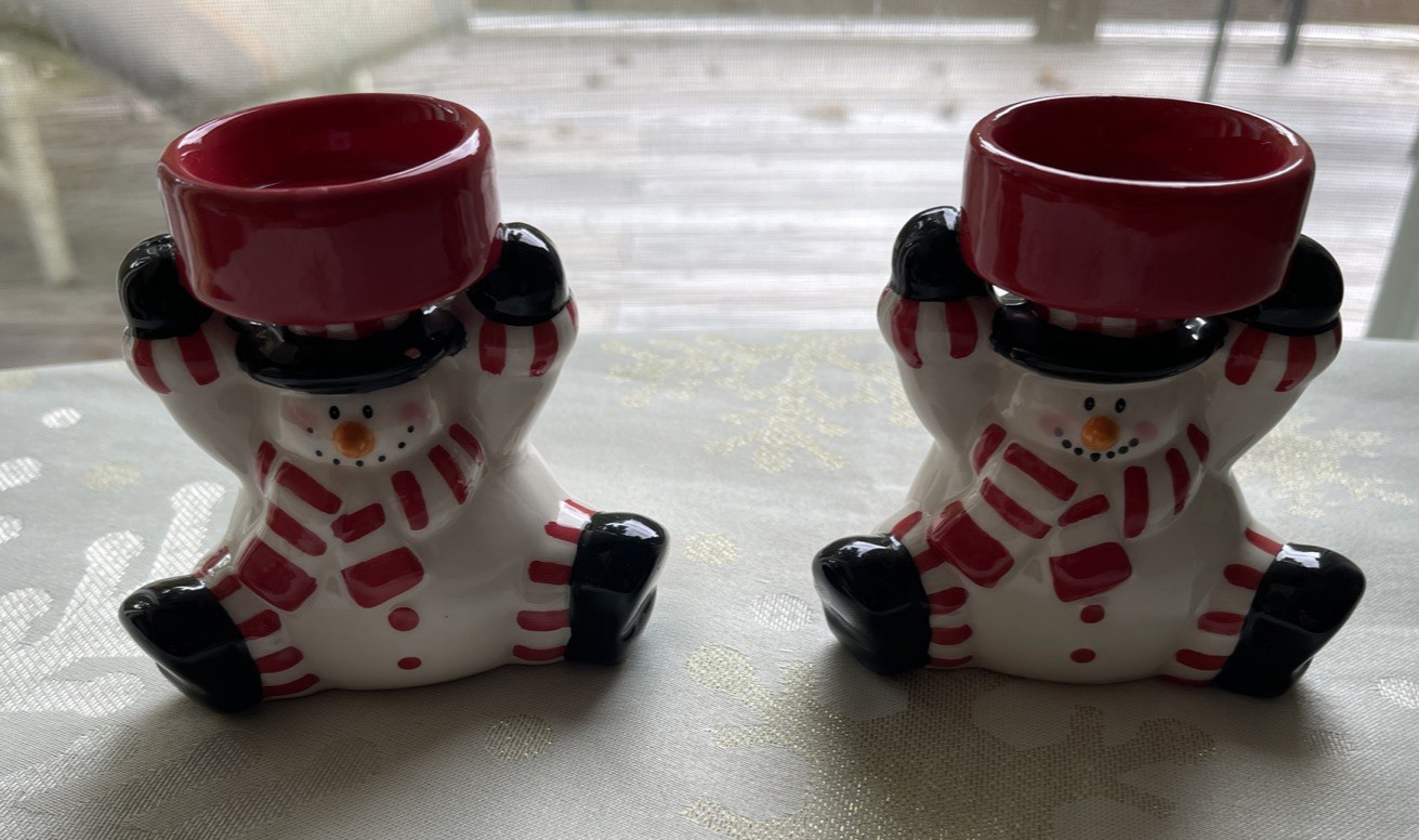 Set Of 2 Snowman Candleholders Christmas Holiday 3-3/4 in T  Numbers On Bottom