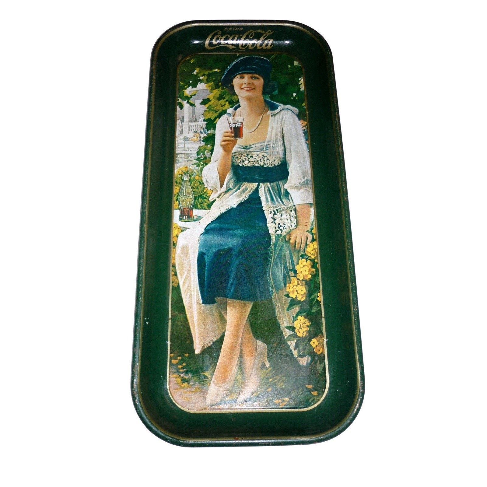 Vtg 1973 Coca-Cola Serving Tray 1921 Flapper Lady Blue Dress Metal Tin 19x8.5" Vtg 1973 Coca-Cola Serving Tray 1921 Flapper Lady Blue Dress Metal Tin 19x8.5"