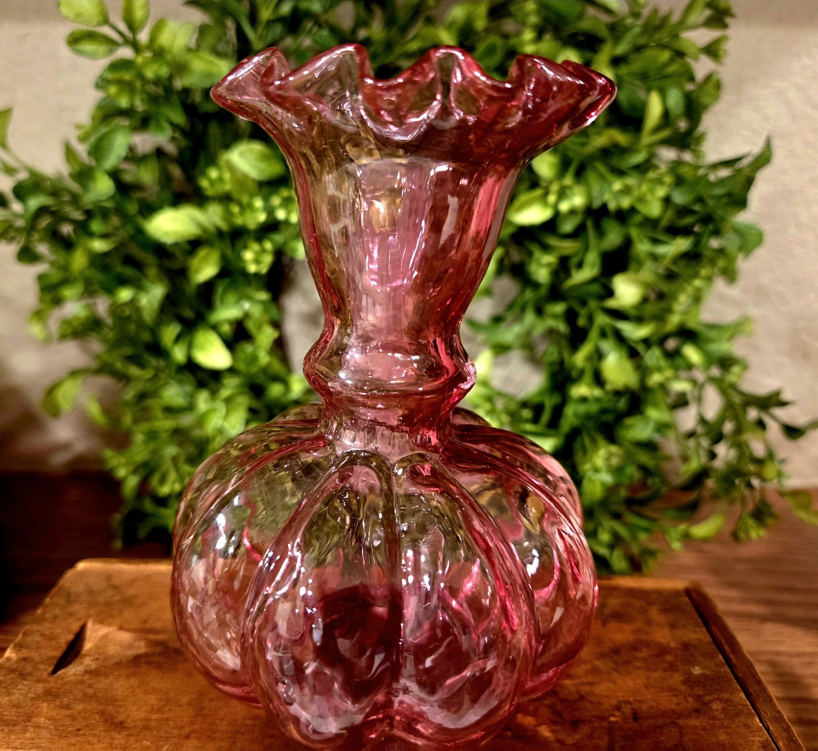 Vintage Fenton Cranberry Glass Diamond Optic Melon Vase 5" Ruffled Rim No 192 Vintage Fenton Cranberry Glass Diamond Optic Melon Vase 5" Ruffled Rim No 192
