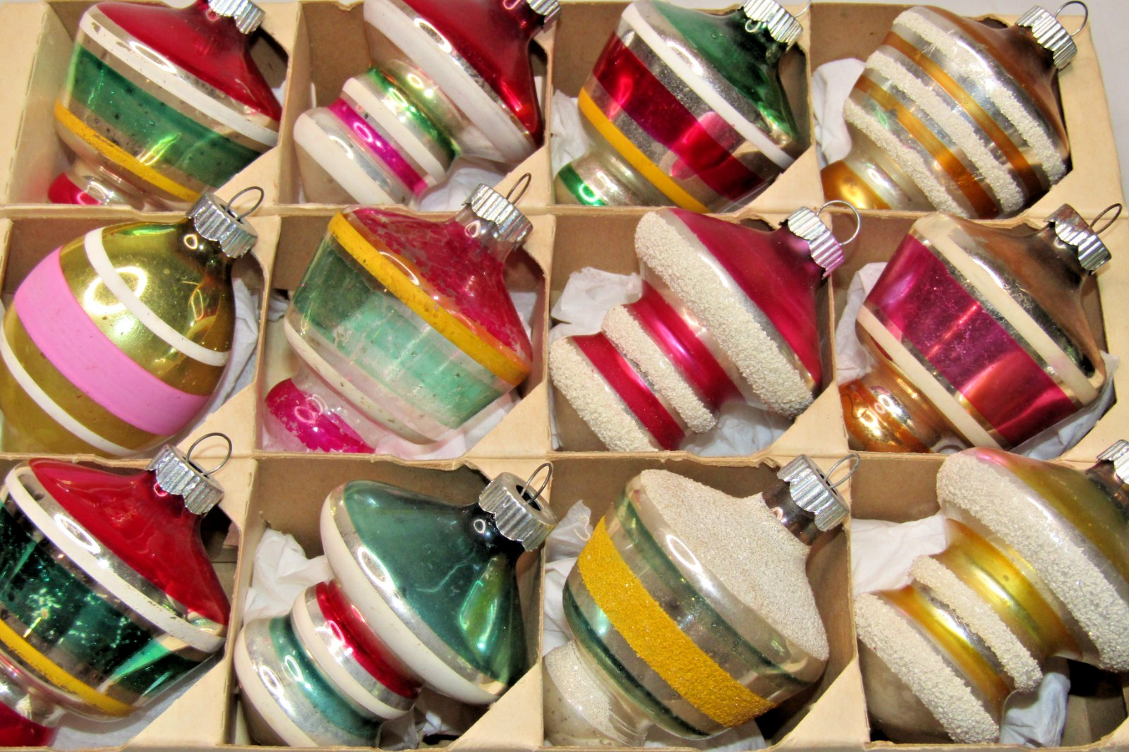 Lot VTG Glass Mica Striped TORNADO UFO Drop Christmas Ornaments Shiny Brite Lot VTG Glass Mica Striped TORNADO UFO Drop Christmas Ornaments Shiny Brite