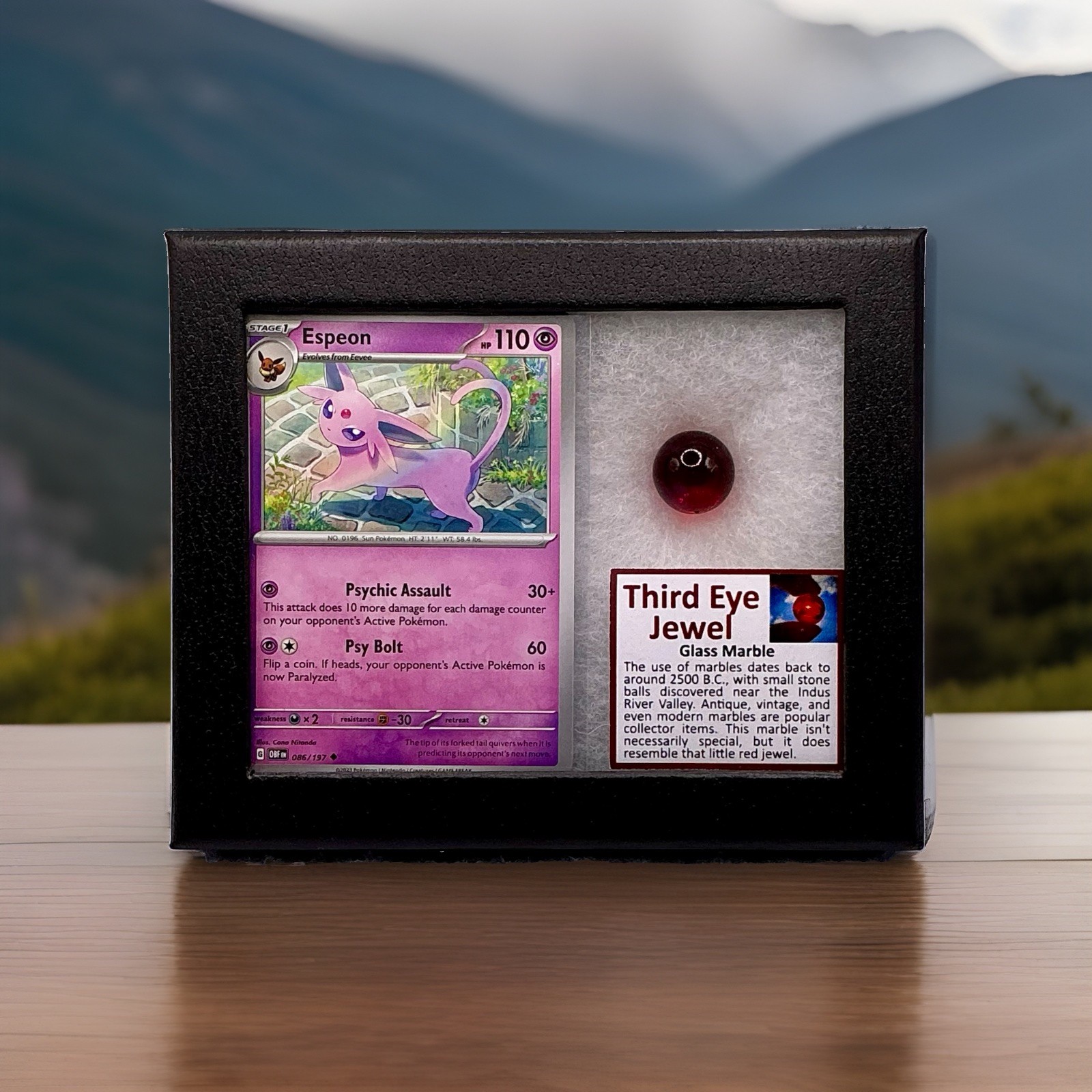 Espeon Pokémon Card With Authentic Third Eye Jewel In RIKER Display Case Espeon Pokémon Card With Authentic Third Eye Jewel In RIKER Display Case