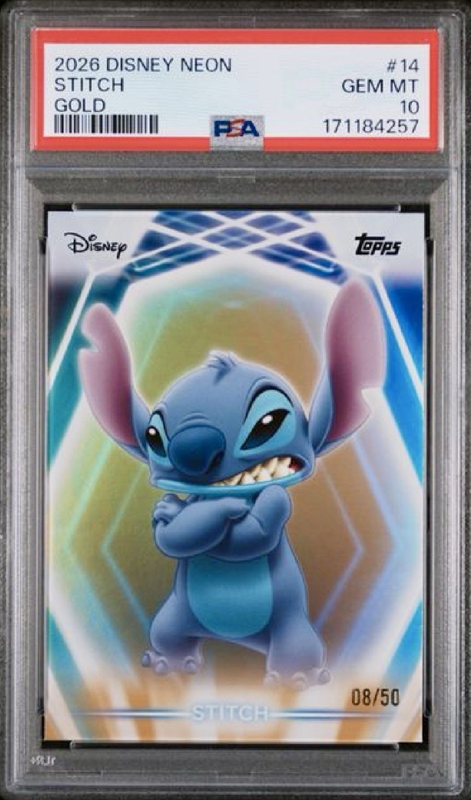 Stitch Gold (8/50) PSA 10 2026 Topps Disney Neon Pop 1  10% Charity