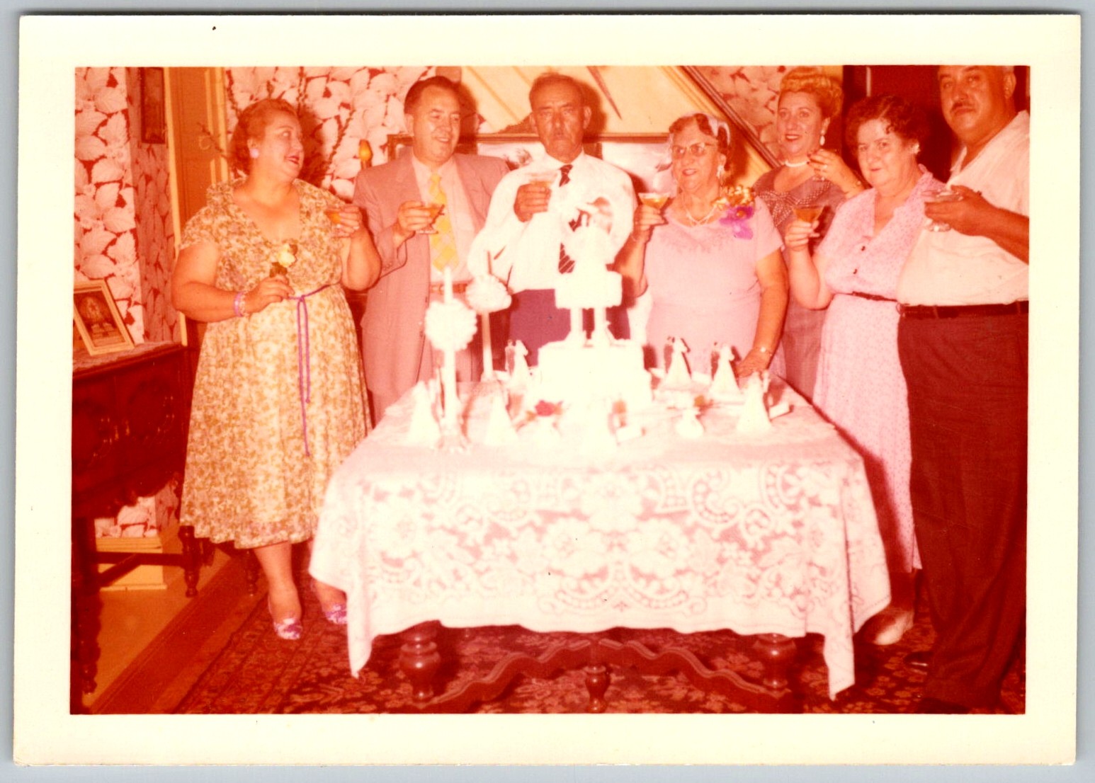 Vtg Color Snapshot People Toasting Tiered Cake Celebration Party Glasses 1960s Vtg Color Snapshot People Toasting Tiered Cake Celebration Party Glasses 1960s