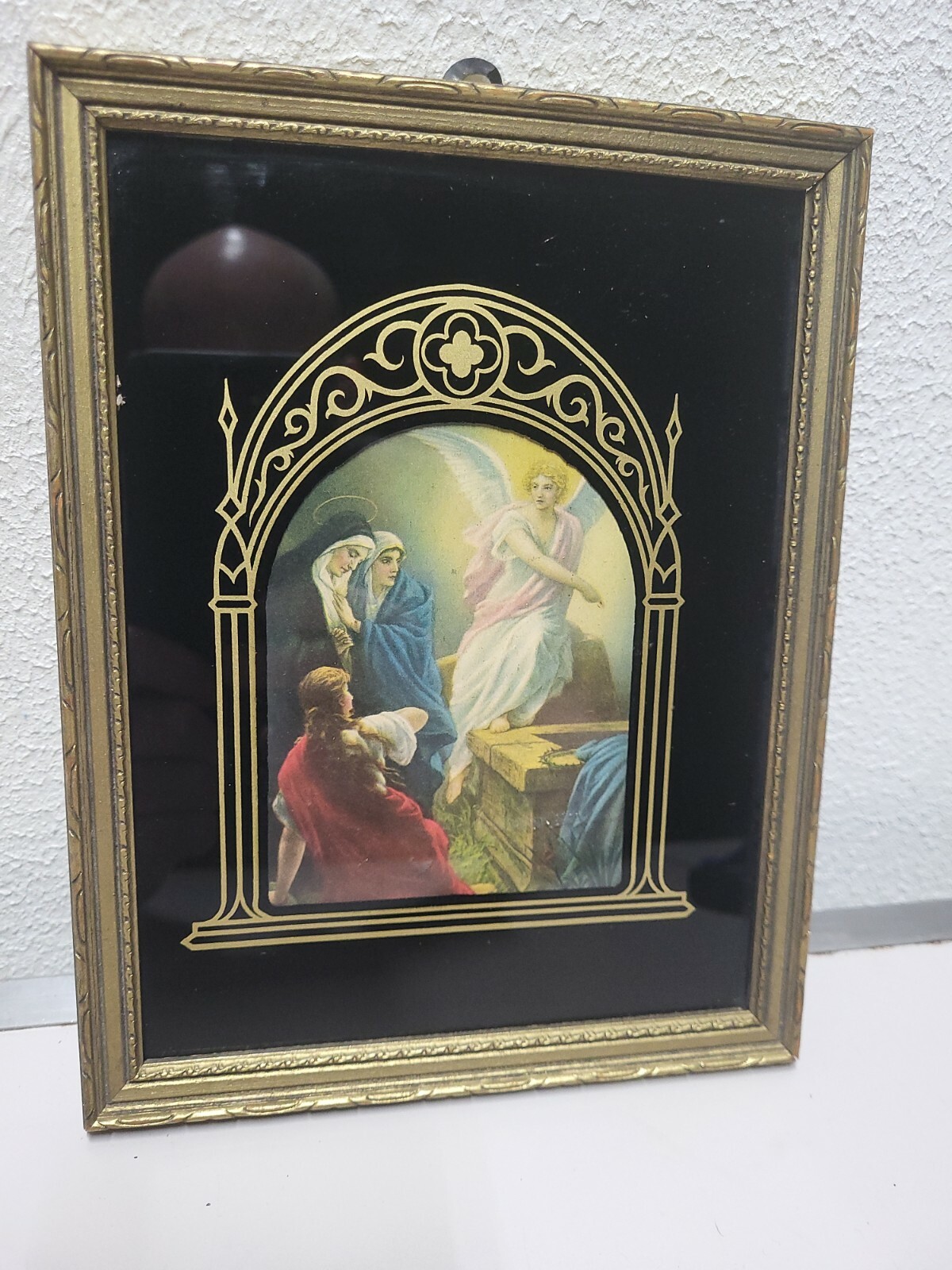 Vintage Litho Card He Is Risen 1187 UsA antique Framed Black Glass Xmas 1939 Vintage Litho Card He Is Risen 1187 UsA antique Framed Black Glass Xmas 1939