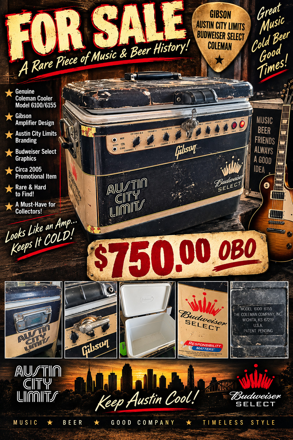 RARE Gibson Austin City Limits Budweiser Select Coleman Amp Cooler ACL RARE Gibson Austin City Limits Budweiser Select Coleman Amp Cooler ACL