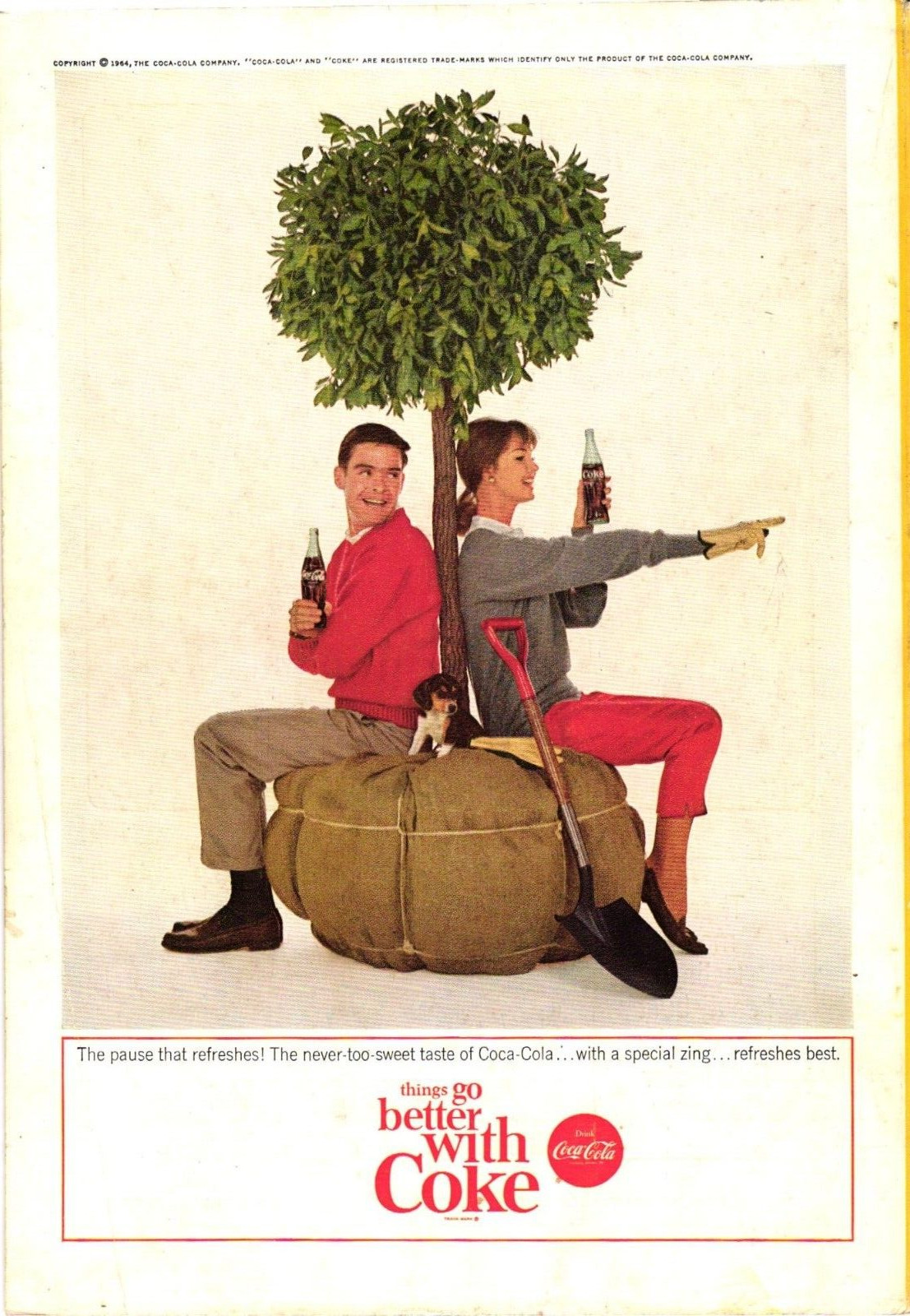 Coca Cola Print Ad Couple & Beagle Dog Under Tree Drinking Coke Vintage c1964 Coca Cola Print Ad Couple & Beagle Dog Under Tree Drinking Coke Vintage c1964