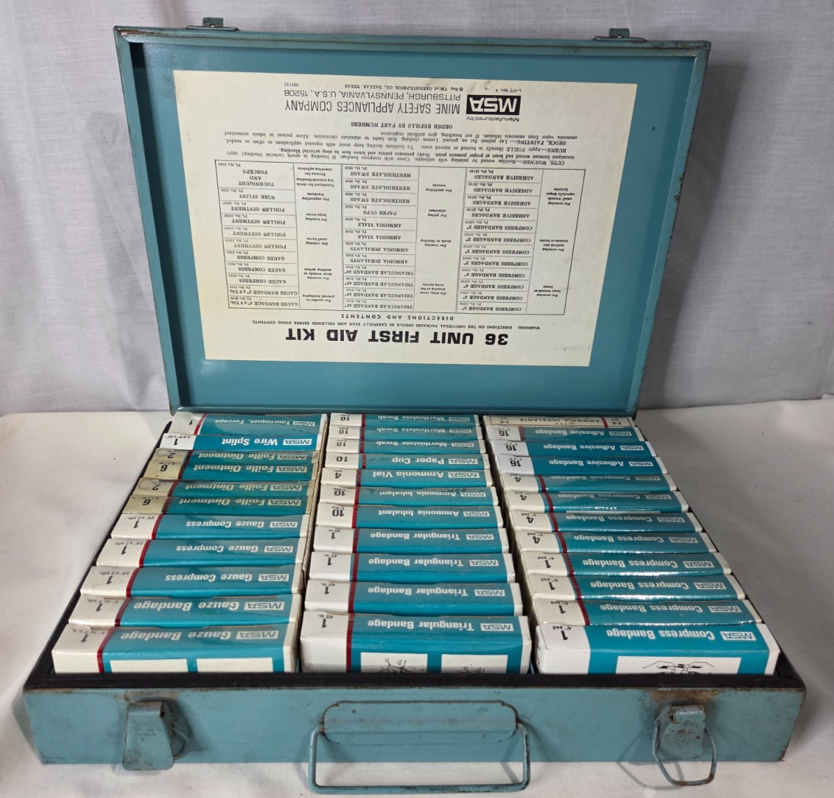 Vtg Rare MSA 36 Unit First Aid Kit Metal Box Full Contents Industrial Mining NOS Vtg Rare MSA 36 Unit First Aid Kit Metal Box Full Contents Industrial Mining NOS