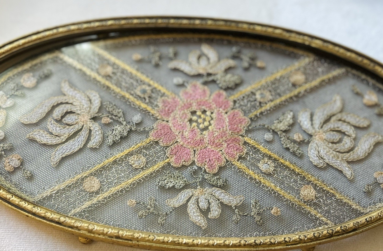 PRISTINE TEXTILE 13” ANTIQUE Apollo Studios Gilt Vanity Tray W/ Lace-EMBROIDERY PRISTINE TEXTILE 13” ANTIQUE Apollo Studios Gilt Vanity Tray W/ Lace-EMBROIDERY