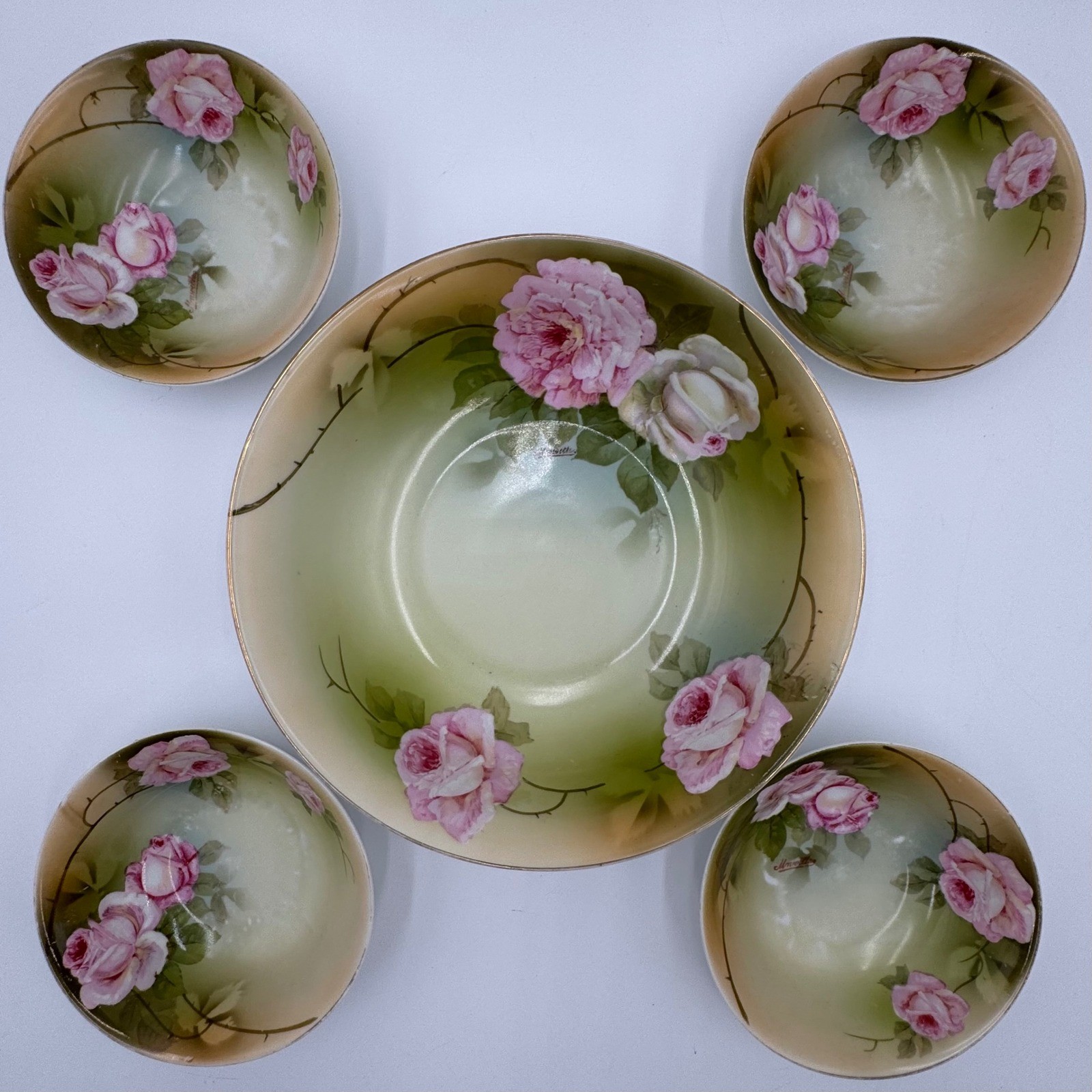 PSAG Bavaria Berry Bowl Set 5pc Roses Hand Painted Porcelain Signed Victorian PSAG Bavaria Berry Bowl Set 5pc Roses Hand Painted Porcelain Signed Victorian