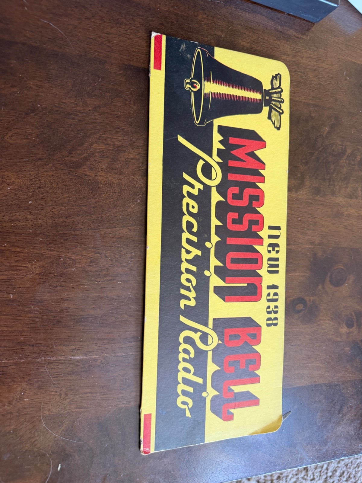 Vintage 1938 Mission Bell Precision Radio Cardboard Advertising Sign Art Deco