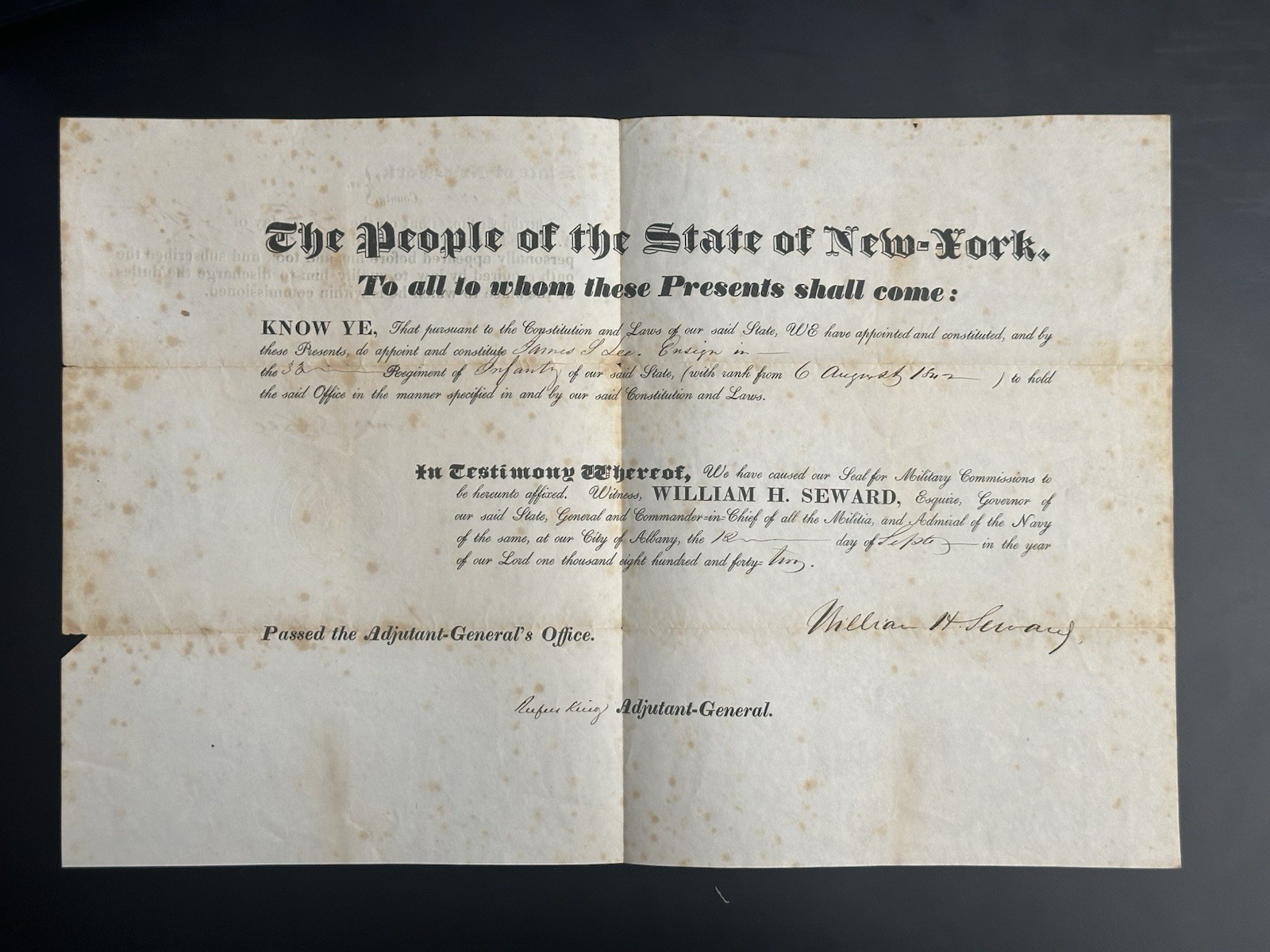 1844 New York State Militia Commission - Signed William H. Seward 1844 New York State Militia Commission - Signed William H. Seward