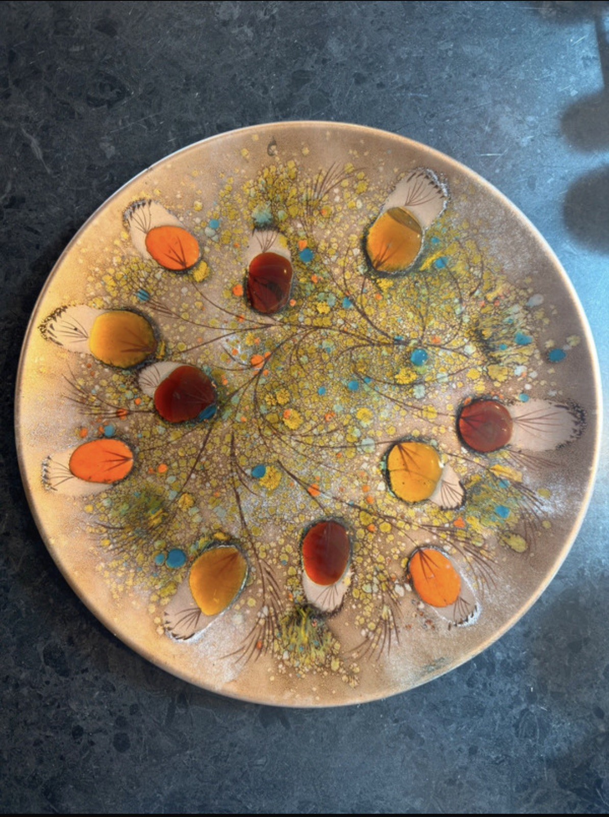 Vintage 1958 California cloisonné 14" enamel copper platter mid century MCM Vintage 1958 California cloisonné 14" enamel copper platter mid century MCM