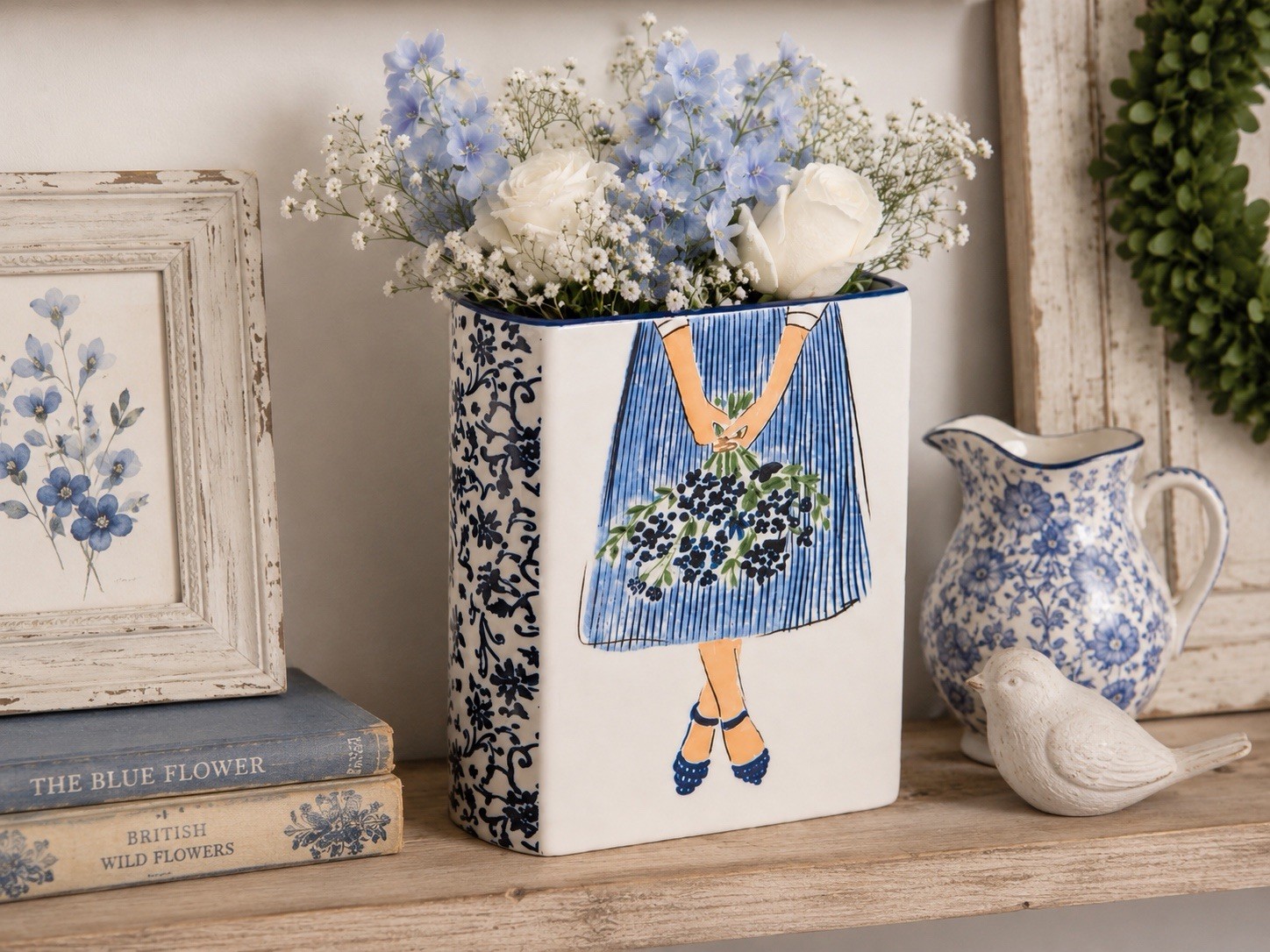 Ceramic Blue & White Floral Book Shaped Vase Vintage Style Ceramic Vase Flowers Ceramic Blue & White Floral Book Shaped Vase Vintage Style Ceramic Vase Flowers
