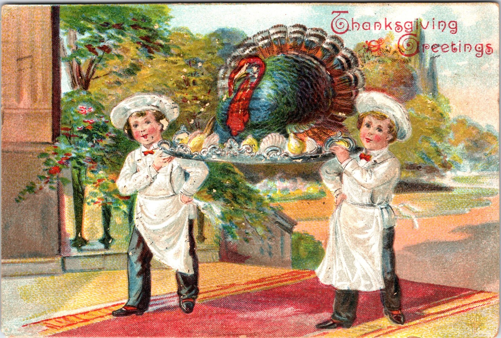 THANKSGIVING POSTCARD :LIVE TURKEY SITS ON TRAY :TWO BOY CHEFS : BROOKLYN : 1907 THANKSGIVING POSTCARD :LIVE TURKEY SITS ON TRAY :TWO BOY CHEFS : BROOKLYN : 1907
