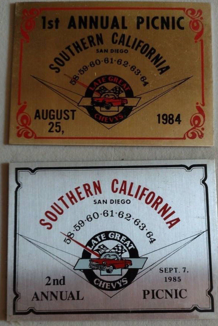 Vintage 1984 & 1985 Southern California San Diego Late Great Chevys Dash Plaque Vintage 1984 & 1985 Southern California San Diego Late Great Chevys Dash Plaque