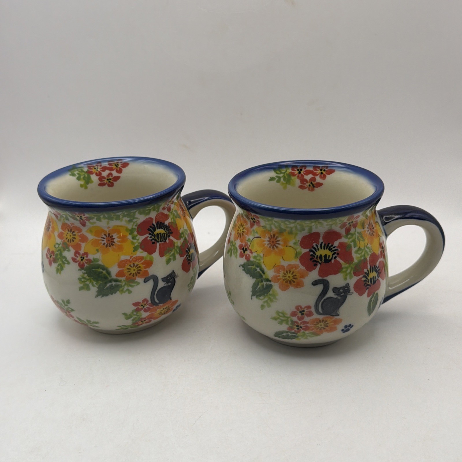 2 Kalich Polish Pottery Ceramic Mugs Boleslawiec 10 oz Black Cat New W/ Tags