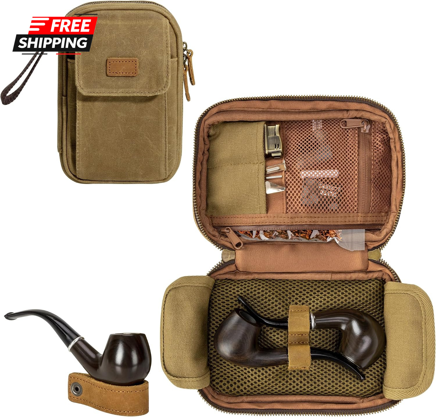 Waxed Canvas Tobacco Pipe Pouch Holds 2 Pipes and Accessories Smell Proof Tobac