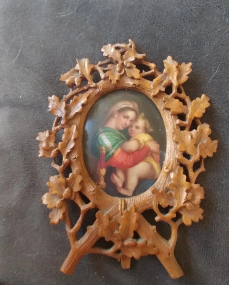 Antique Madona And Child Painted On Porcelain In Hand Carved Frame Antique Madona And Child Painted On Porcelain In Hand Carved Frame