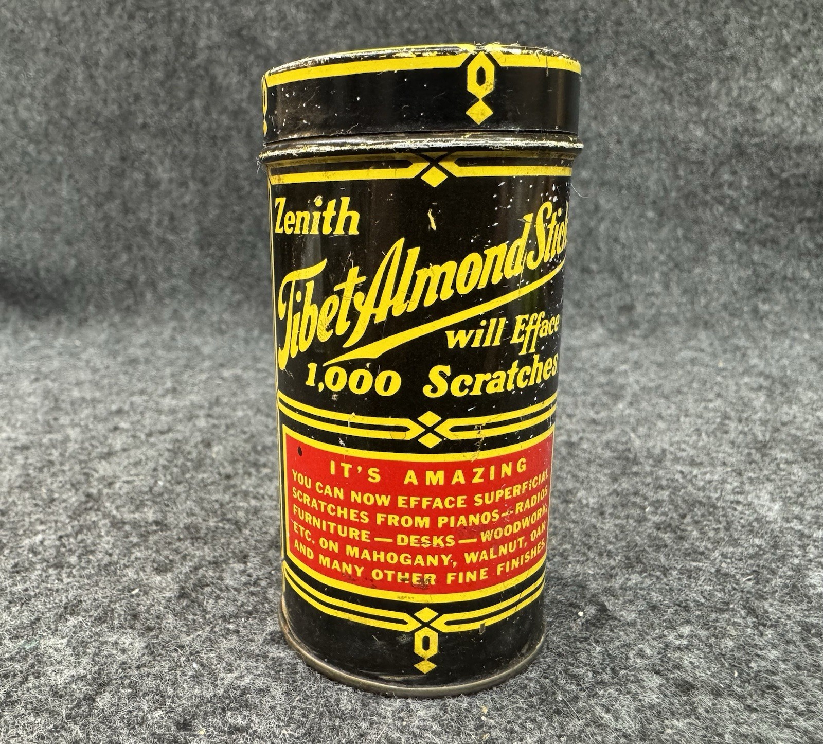 Zenith Tibet Almond Stick Scratch Remover Advertising Tin & Contents Vintage Zenith Tibet Almond Stick Scratch Remover Advertising Tin & Contents Vintage